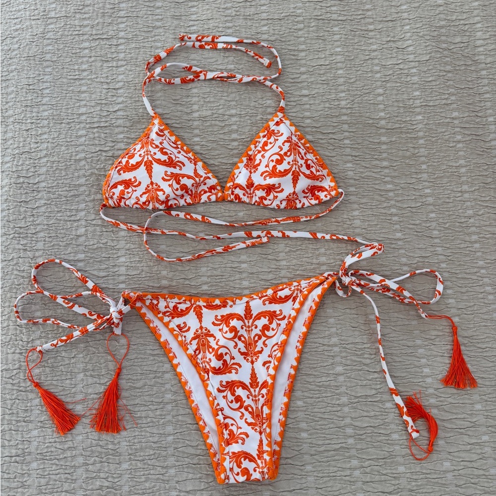 Orange & White Printed Tie-Side Bikini